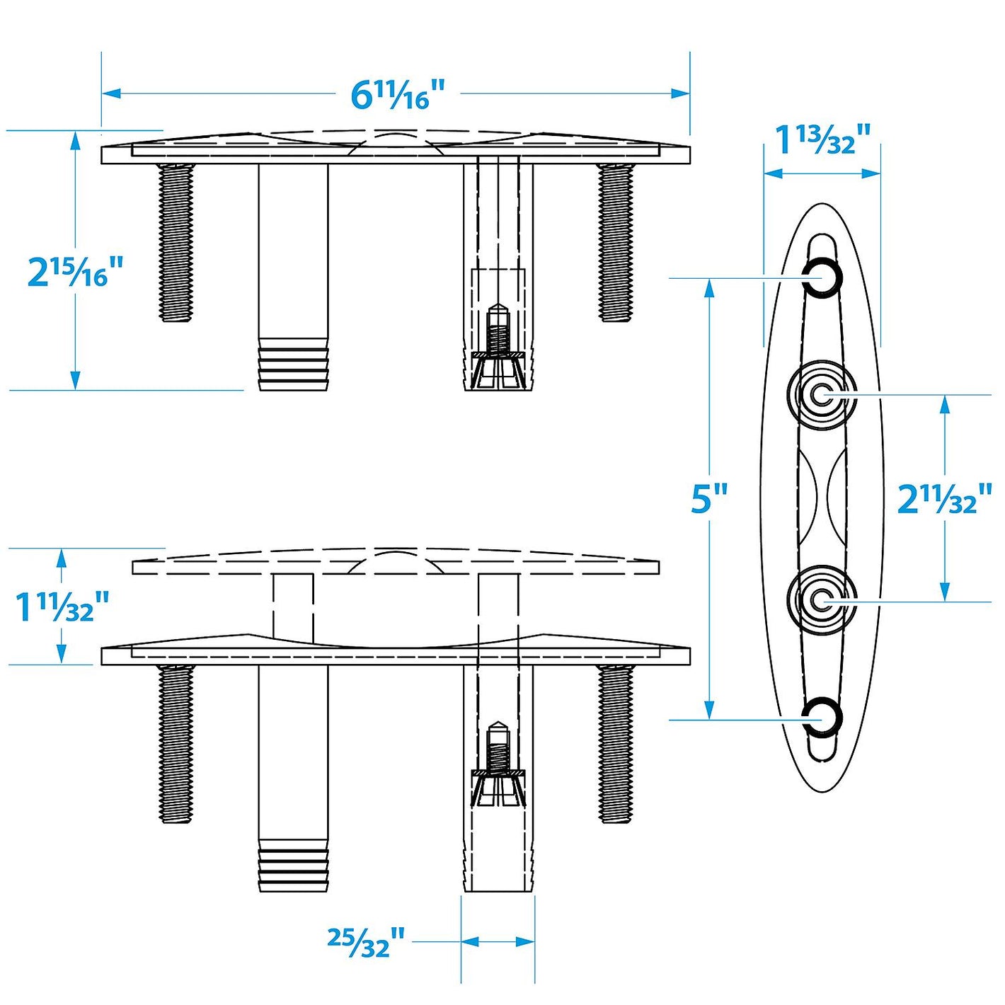 Stainless Steel Pull Up Cleat w/ Studs, 6in