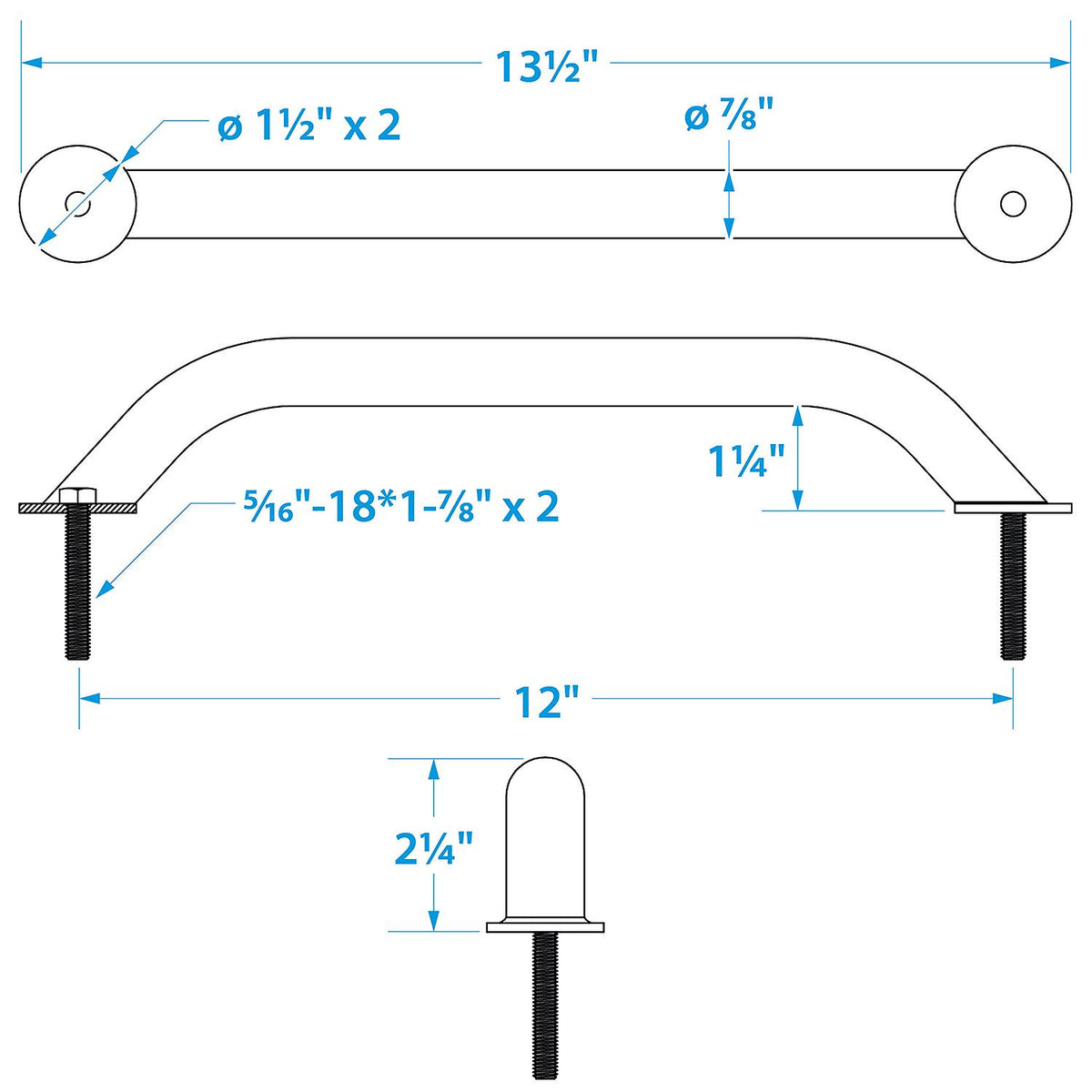Stainless Steel Hand Rail w/ Studs, 12in
