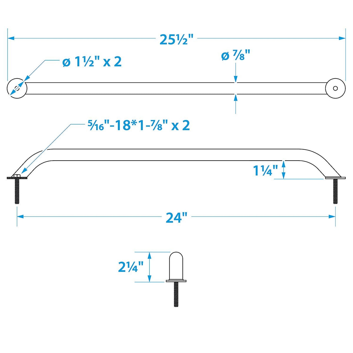 Stainless Steel Hand Rail w/ Studs, 24in