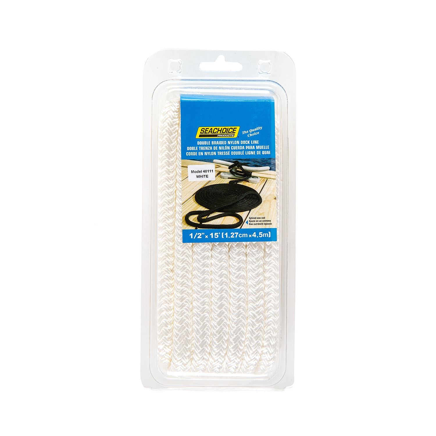 Double Braid Nylon Dock Line, White, 1/2in x 15ft