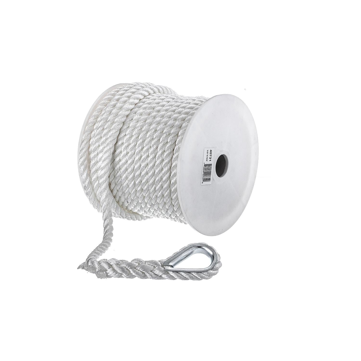 3-Strand Twisted Nylon Anchor Line, White, 1/2in x 100ft