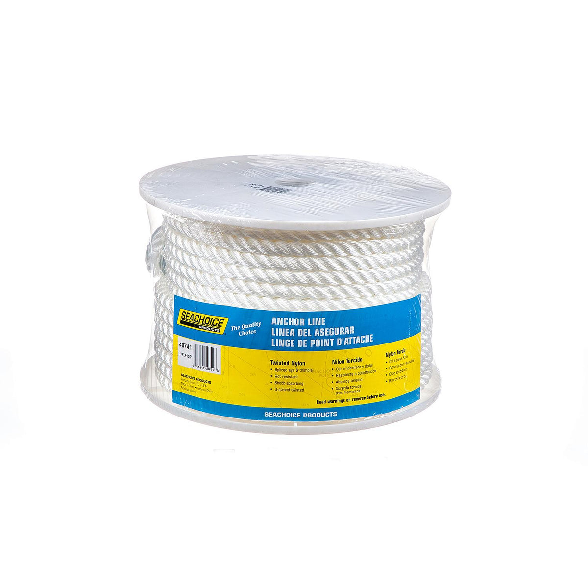 3-Strand Twisted Nylon Anchor Line, White, 1/2in x 150ft