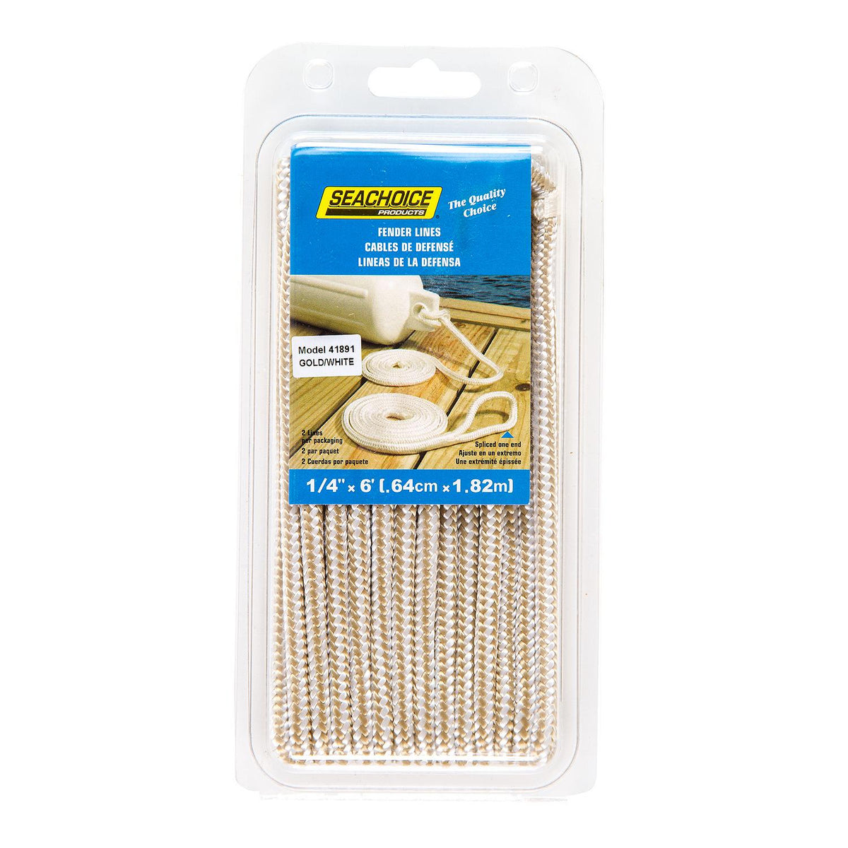Double Braided Nylon Fender Line, Gold/ White, 1/4in x 6ft, 2/PK