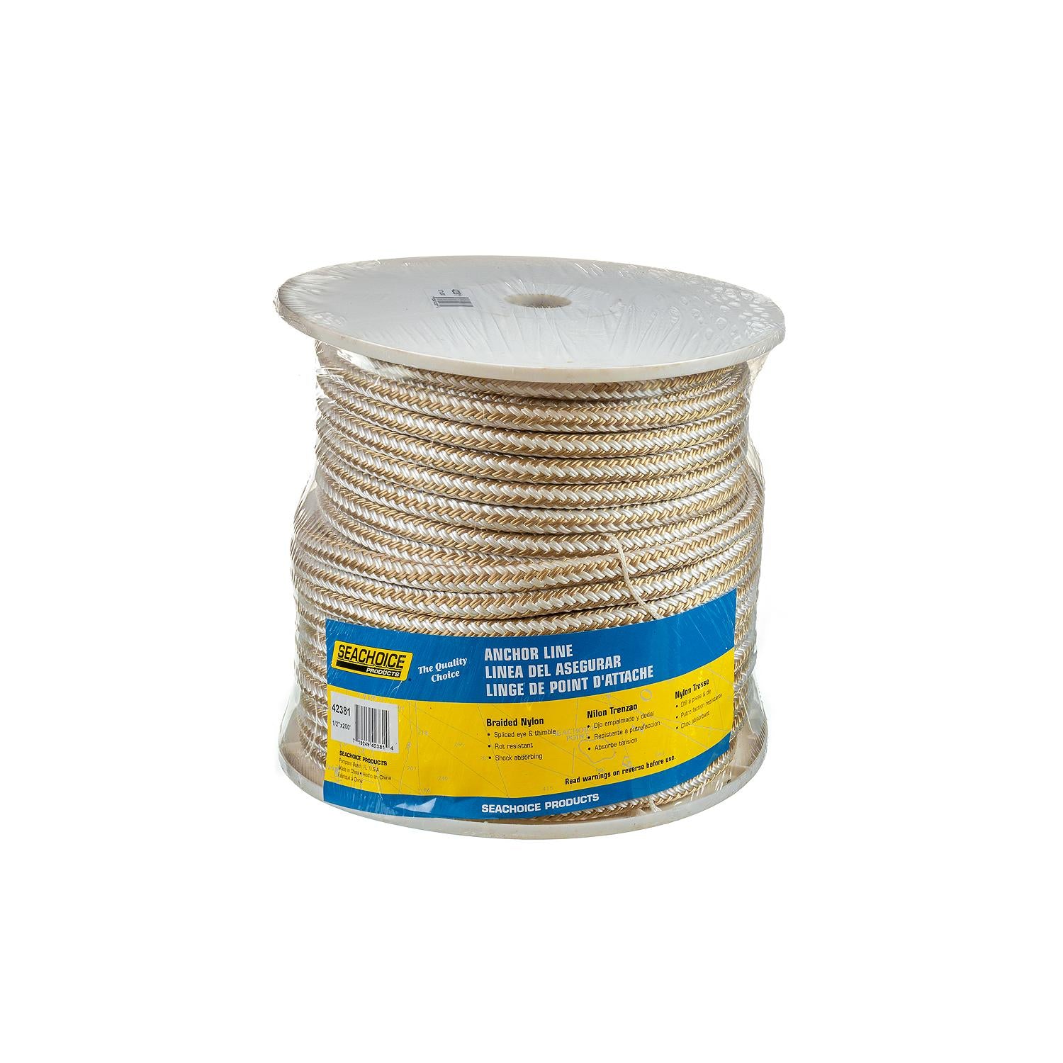 Double Braid Nylon Anchor Line, Gold/White, 1/2in x 200ft