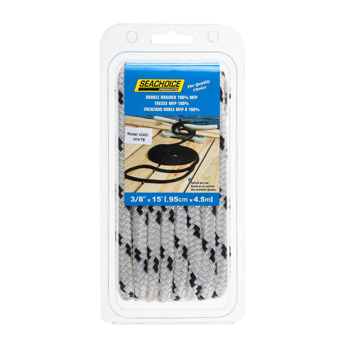Double Braided 100% MFP Dock Line 3/8in x 15ft White w/Black Tracer