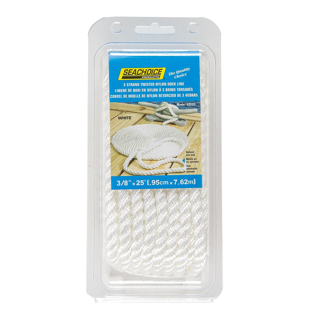 3-Strand Twisted Nylon Dock Line, 3/8in x 25ft, White