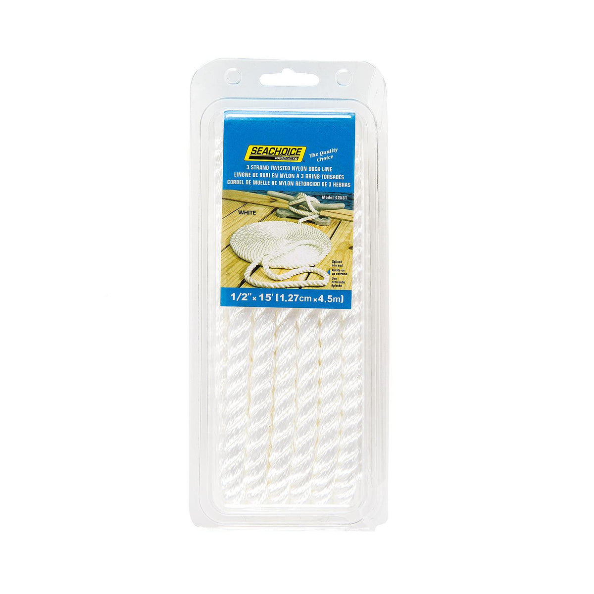 3-Strand Twisted Nylon Dock Line, 1/2in x 15ft, White