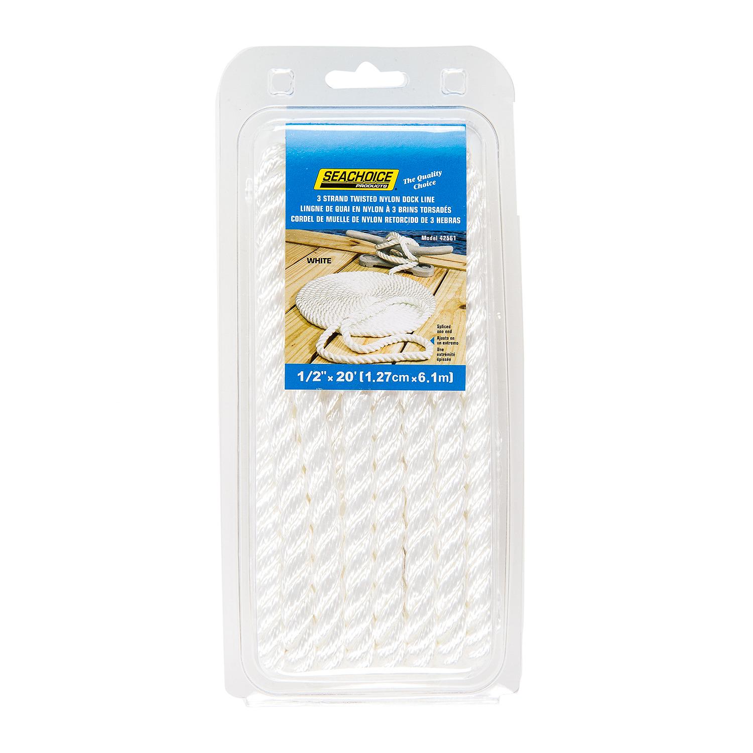 3-Strand Twisted Nylon Dock Line, 1/2in x 20ft, White