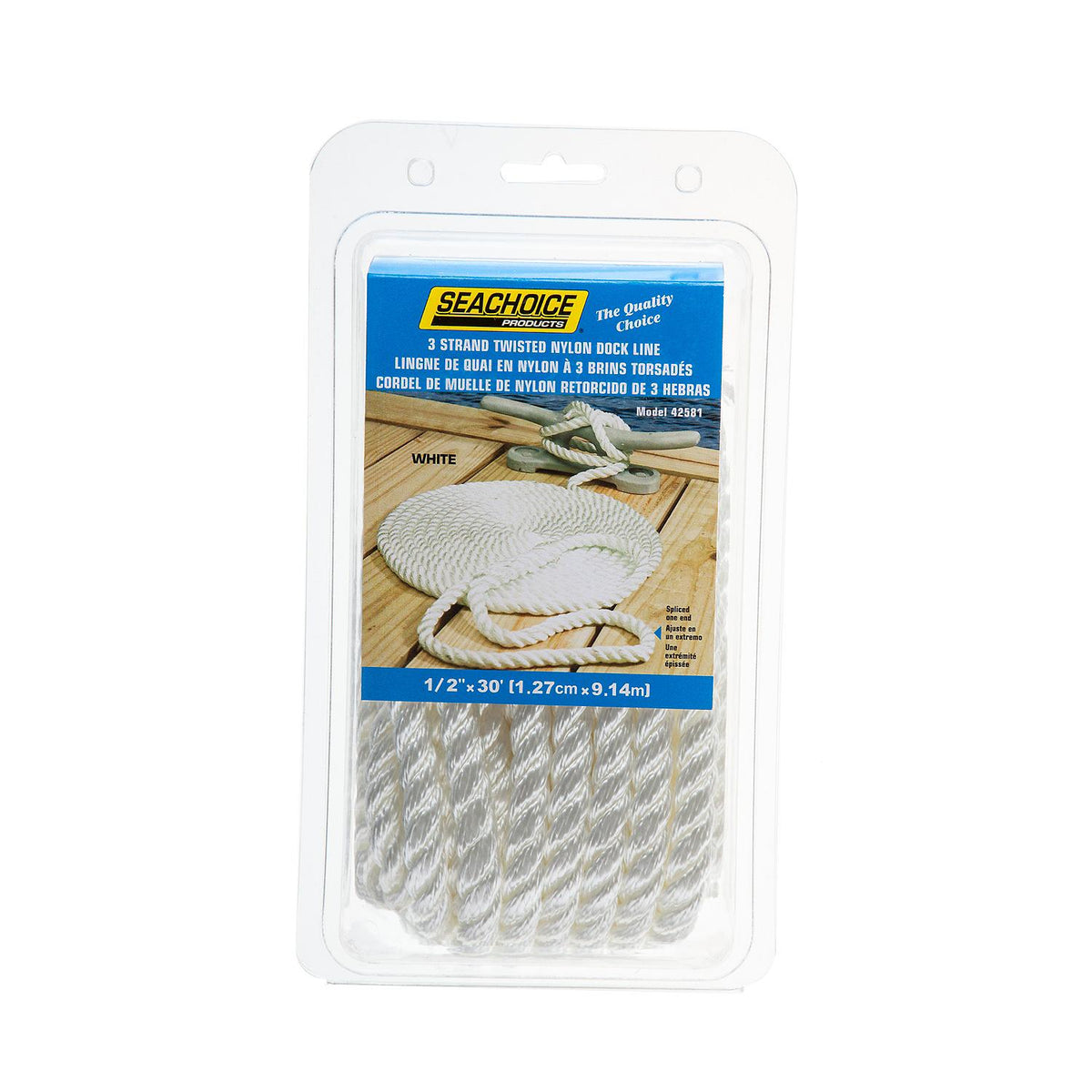 3-Strand Twisted Nylon Dock Line, 1/2in x 30ft, White