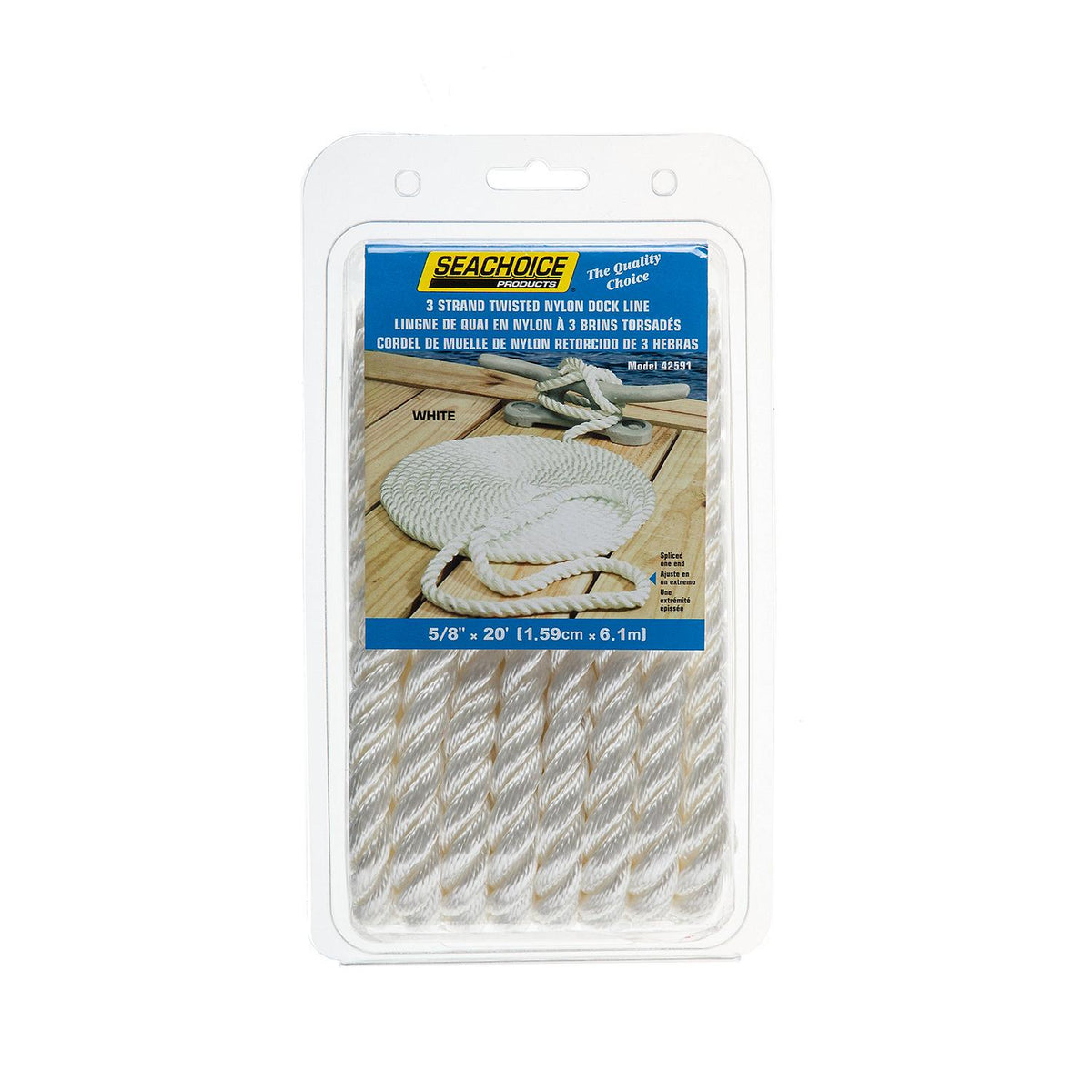 3-Strand Twisted Nylon Dock Line, 5/8in x 20ft, White