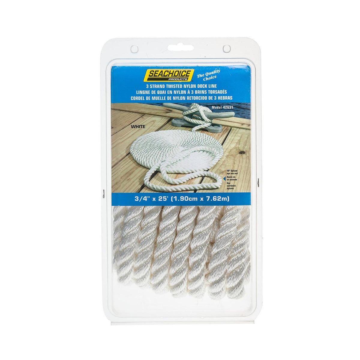 3-Strand Twisted Nylon Dock Line, White, 3/4in x 25ft