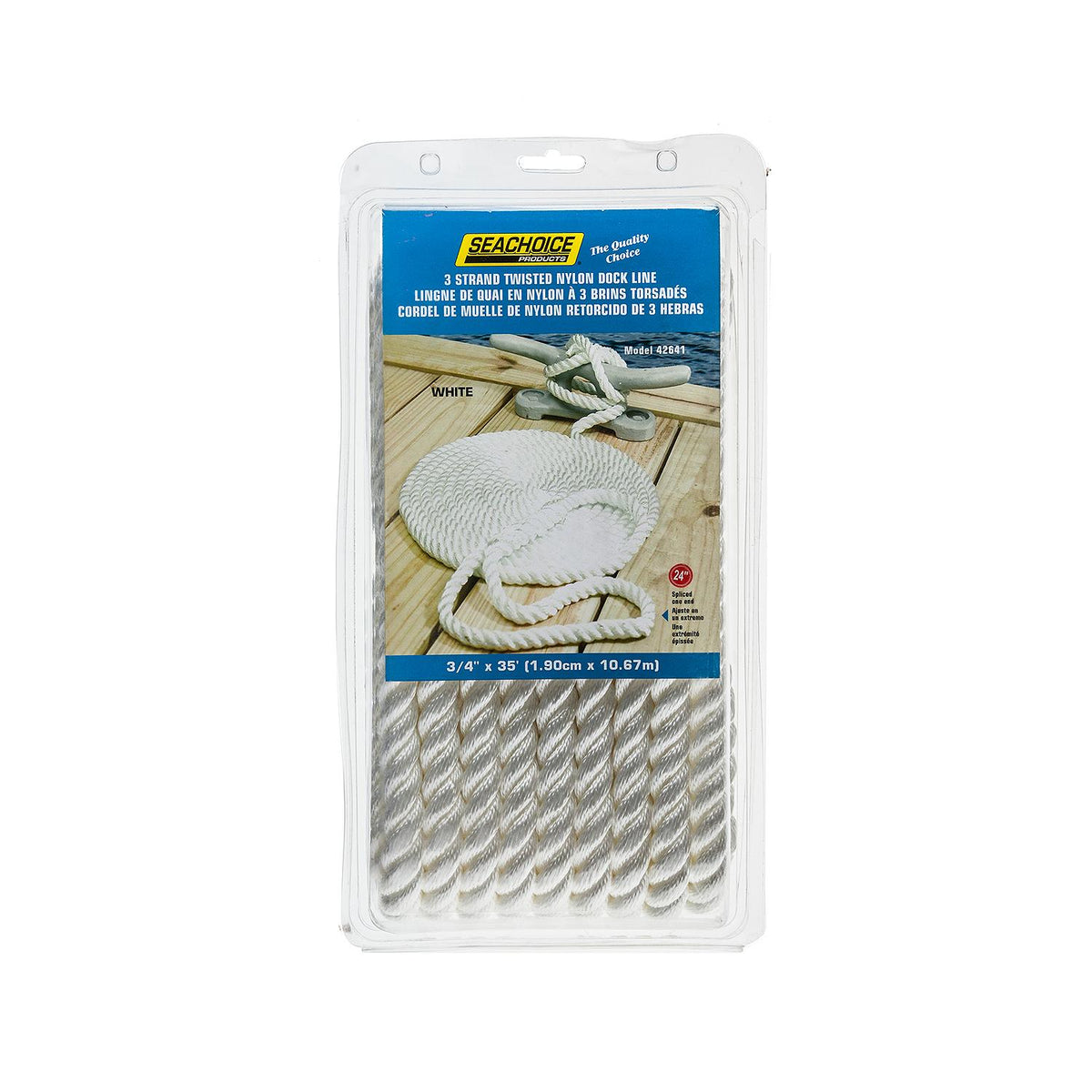 3-Strand Twisted Nylon Dock Line, White, 3/4in x 35ft