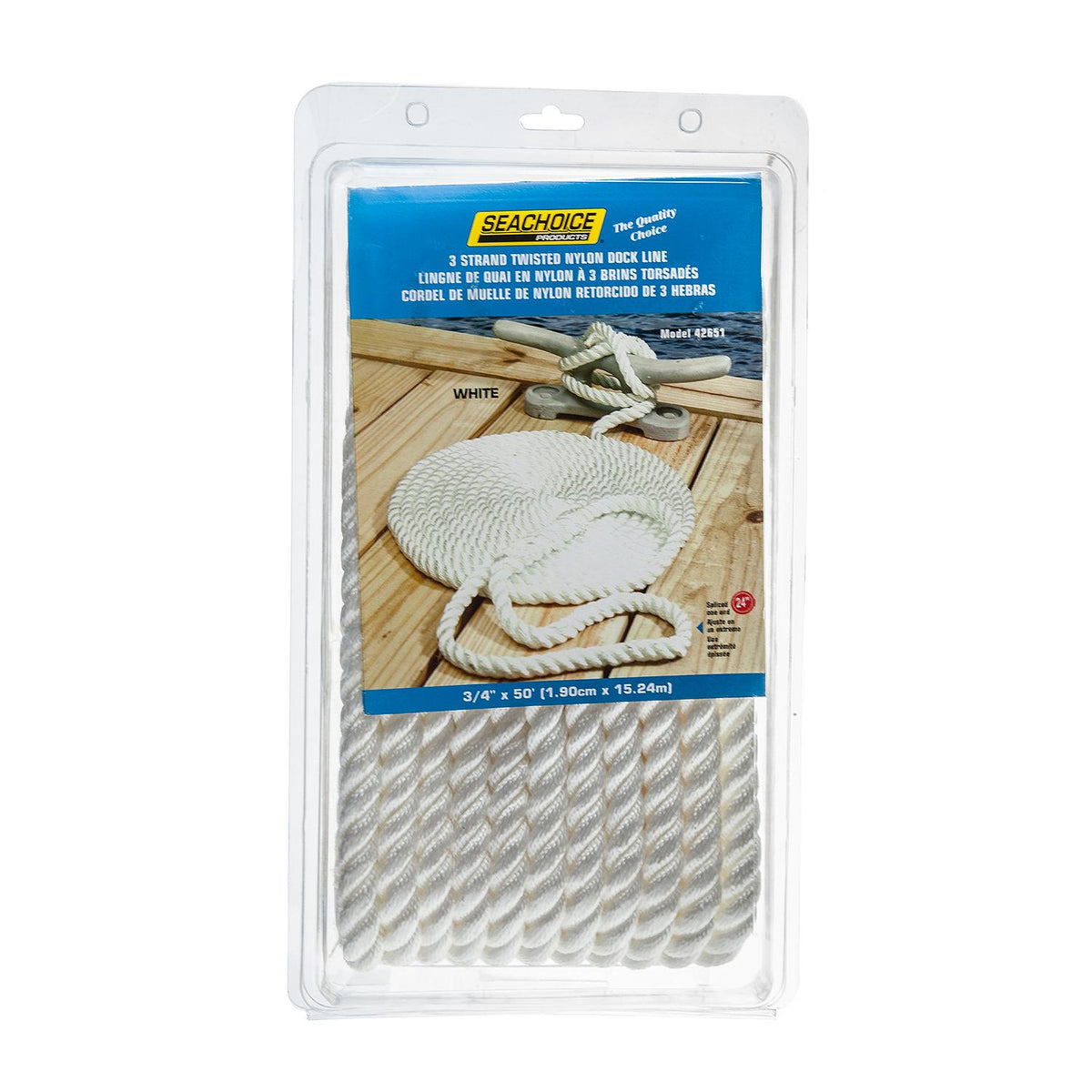 3-Strand Twisted Nylon Dock Line, White, 3/4in x 50ft