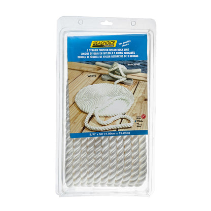 3-Strand Twisted Nylon Dock Line, White, 3/4in x 50ft
