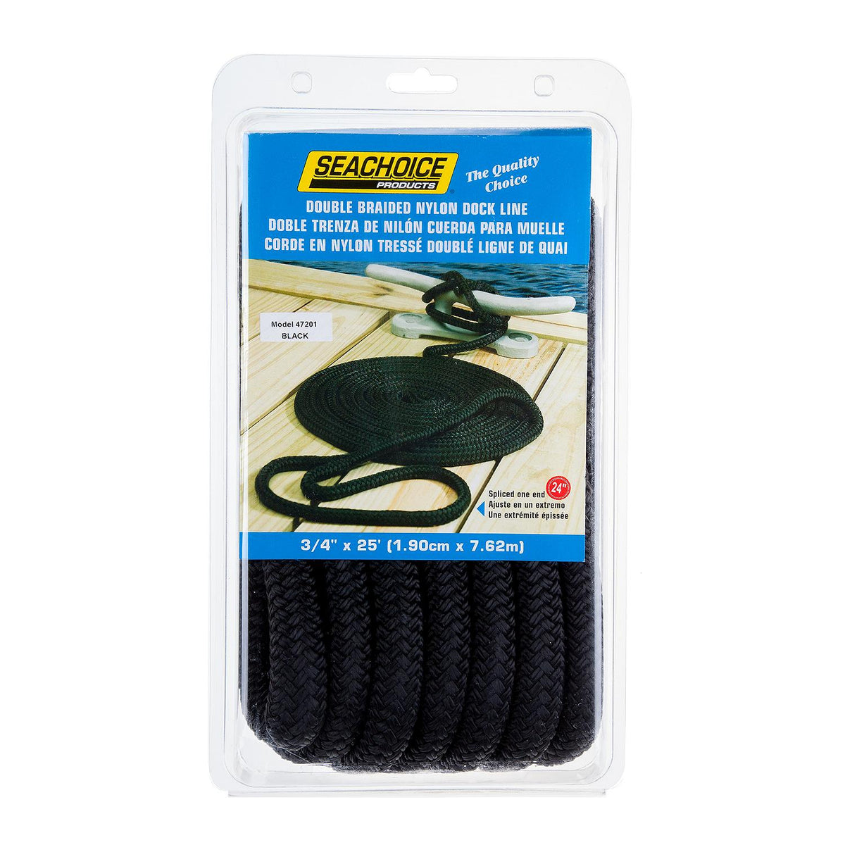 Double Braid Nylon Dock Line, Black,  3/4in x 25ft