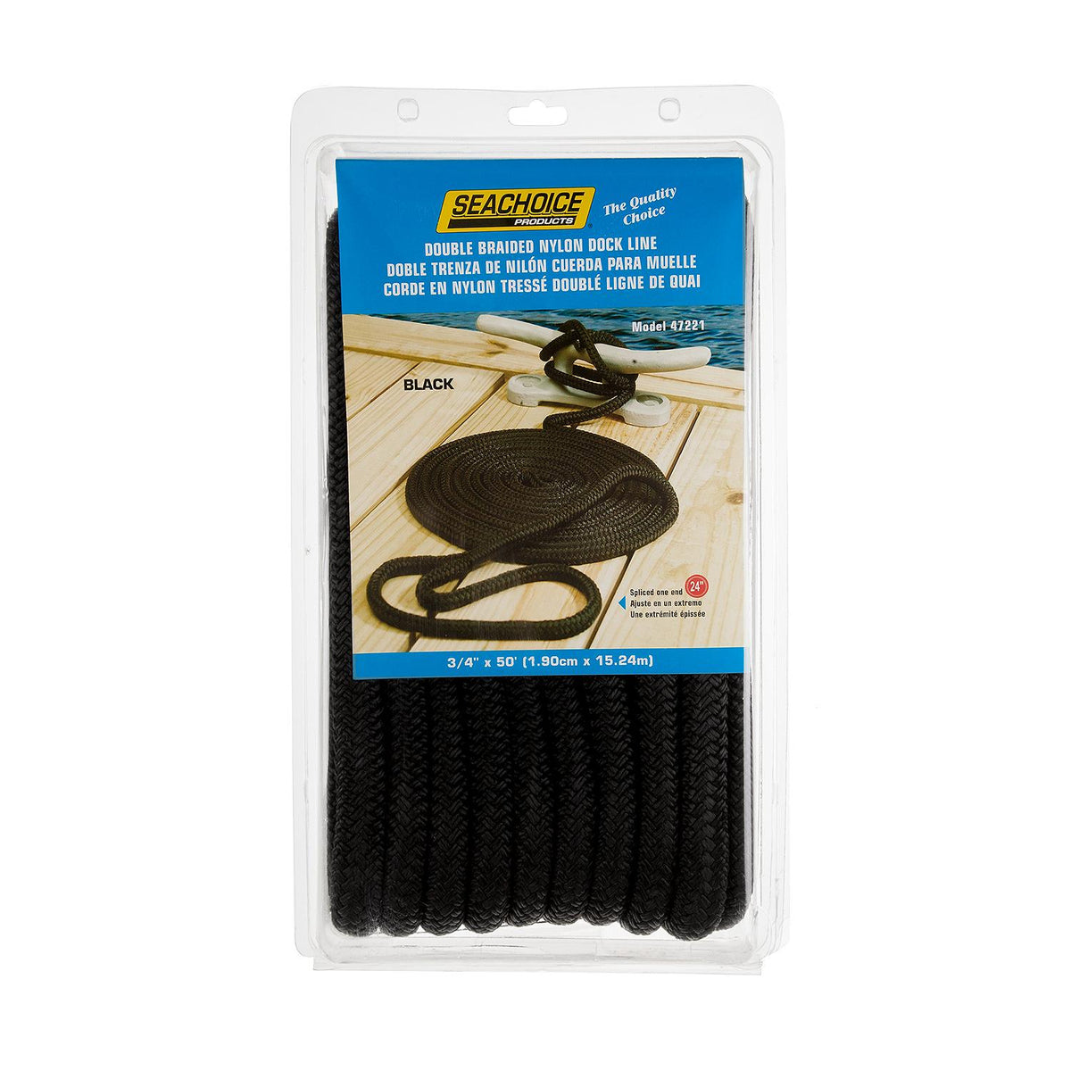 Double Braid Nylon Dock Line, Black, 3/4in x 50ft