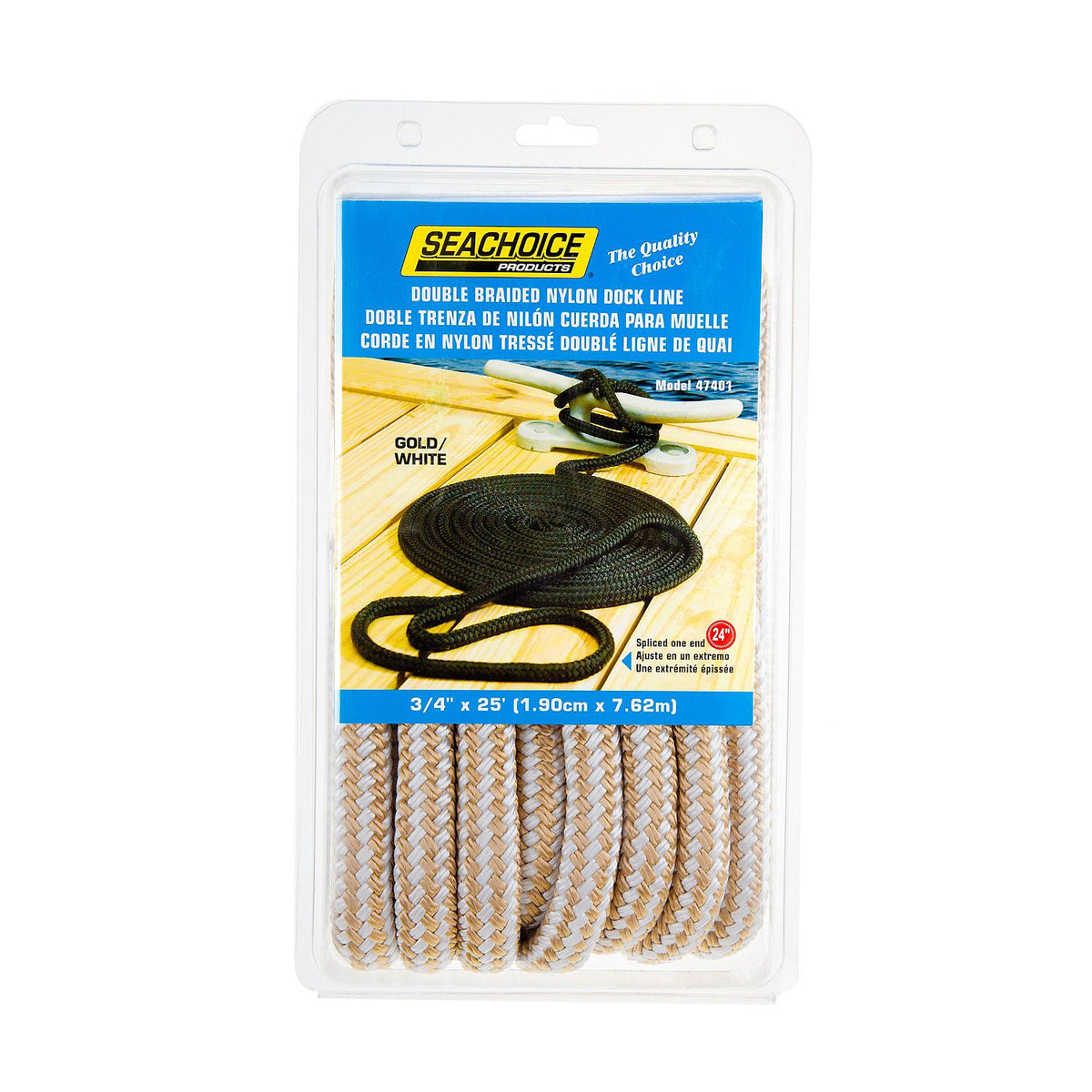 Double Braid Nylon Dock Line, Gold/ White,  3/4in x 25ft