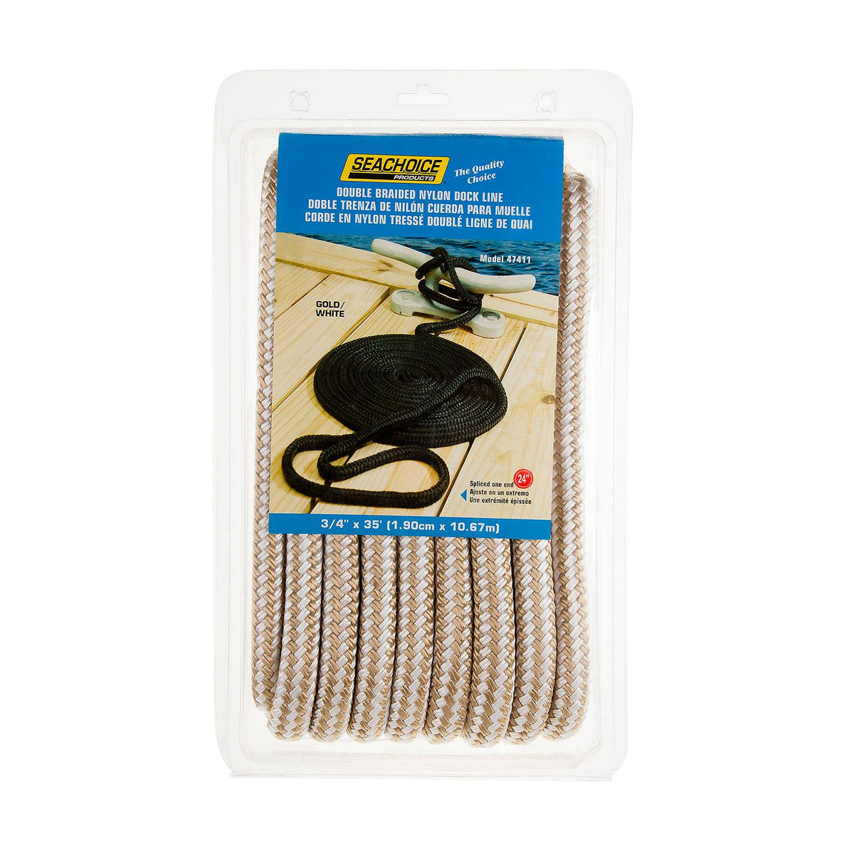 Double Braid Nylon Dock Line, Gold/ White, 3/4in x 35ft