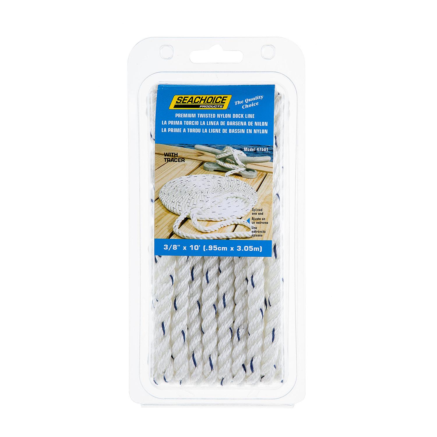 Premium 3-Strand Twisted Nylon Dock Line, White w/ Blue Tracer, 3/8in x 10ft