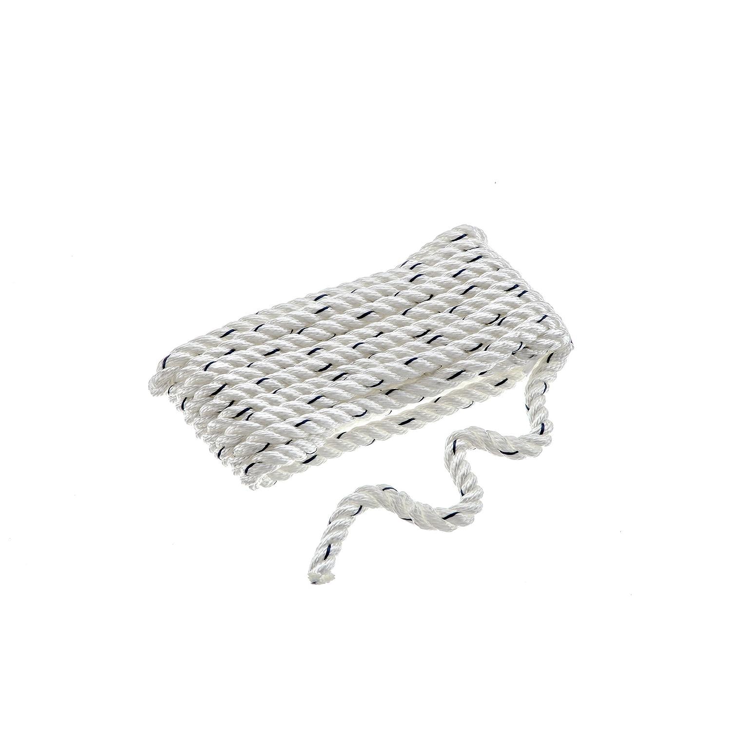 Premium 3-Strand Twisted Nylon Dock Line, White w/ Blue Tracer, 3/8in x 10ft
