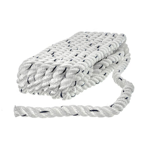 Premium 3-Strand Twisted Nylon Dock Line, White w/ Blue Tracer, 3/8in x 15ft