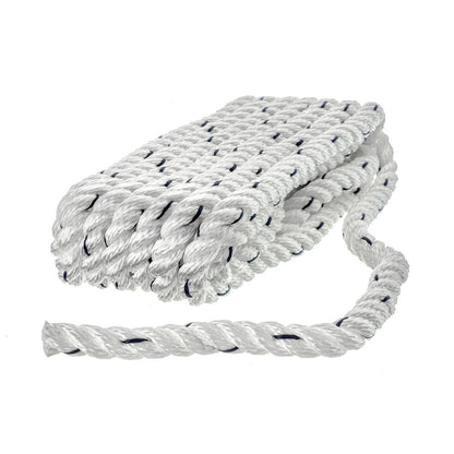 Premium 3-Strand Twisted Nylon Dock Line, White w/ Blue Tracer, 3/8in x 15ft