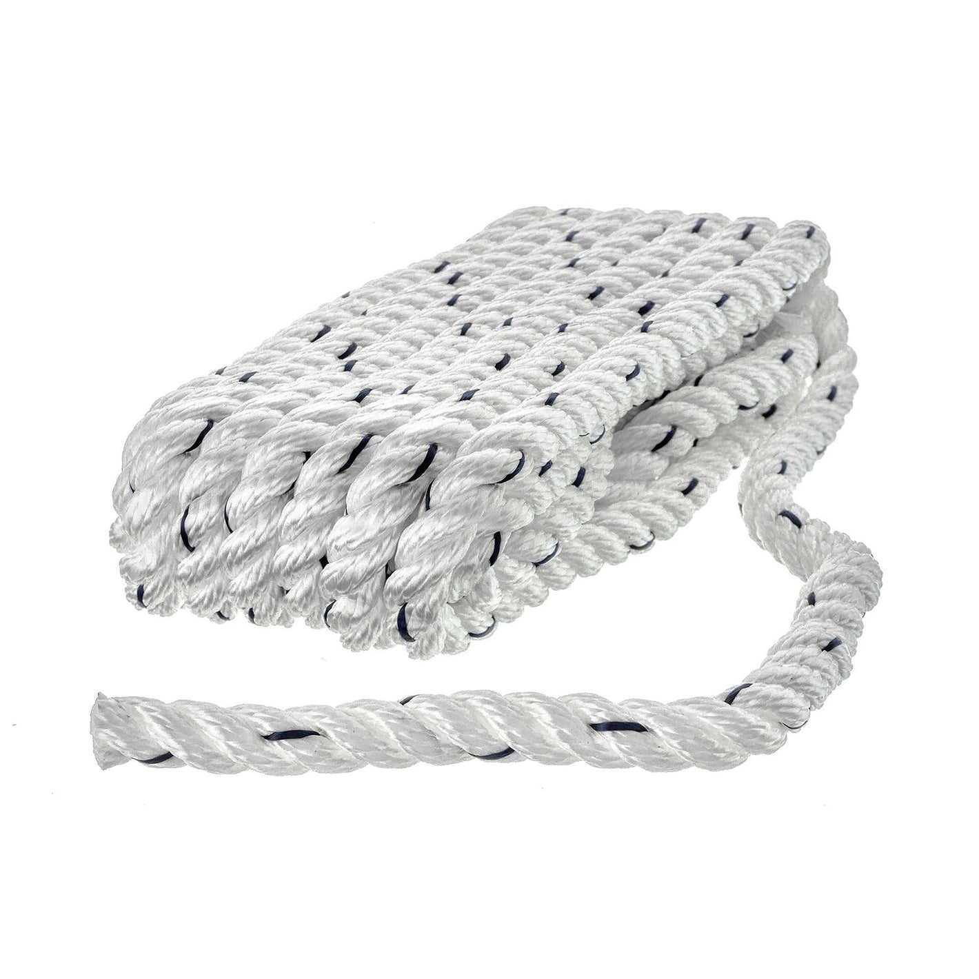 Premium 3-Strand Twisted Nylon Dock Line, White w/ Blue Tracer, 3/8in x 15ft