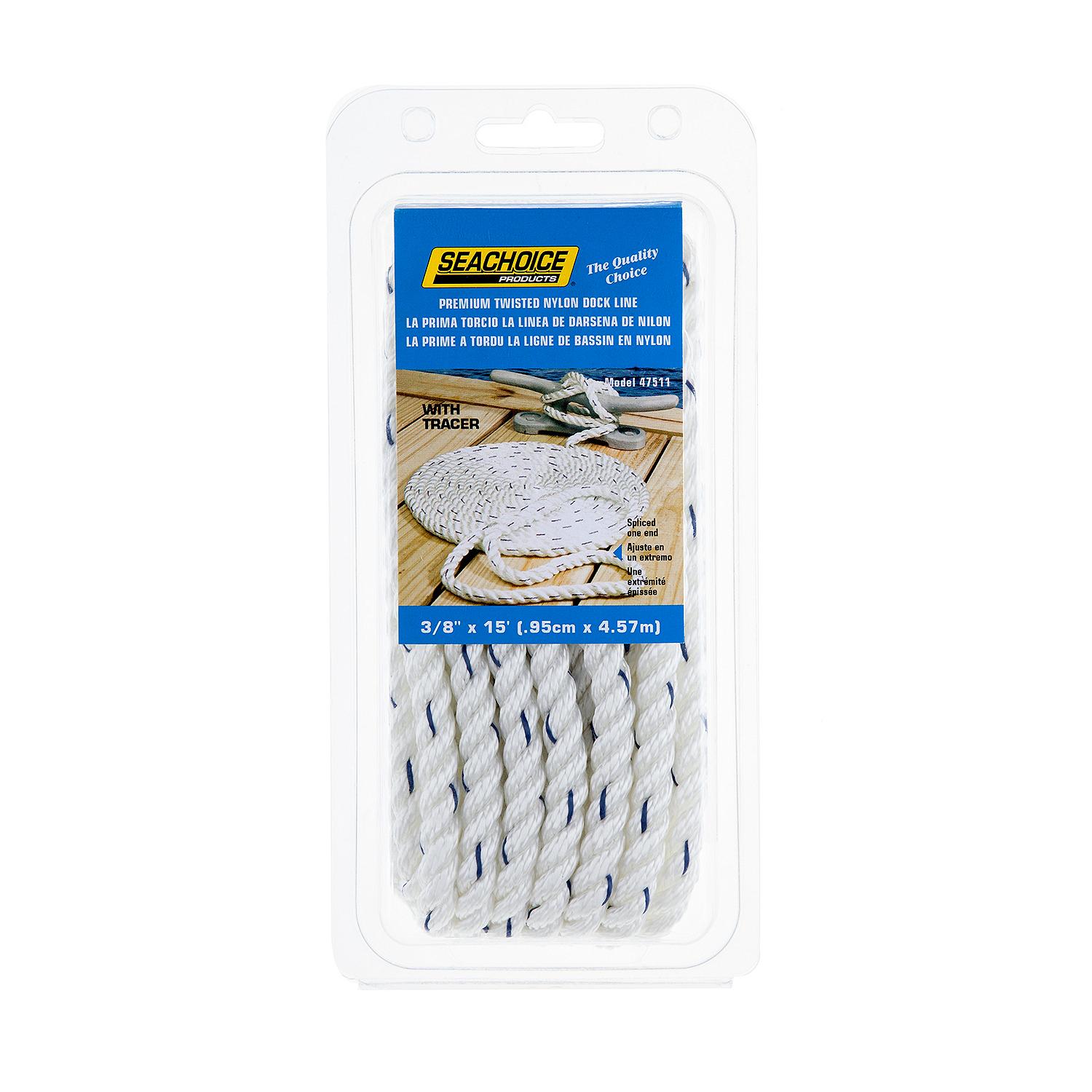 Premium 3-Strand Twisted Nylon Dock Line, White w/ Blue Tracer, 3/8in x 15ft