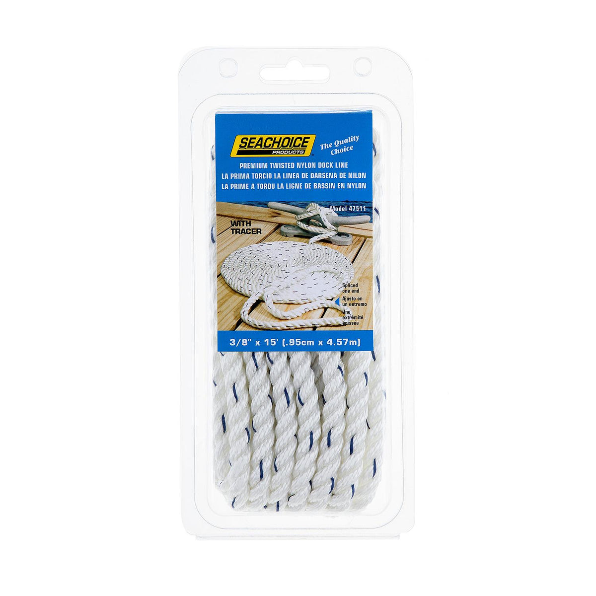 Premium 3-Strand Twisted Nylon Dock Line, White w/ Blue Tracer, 3/8in x 15ft