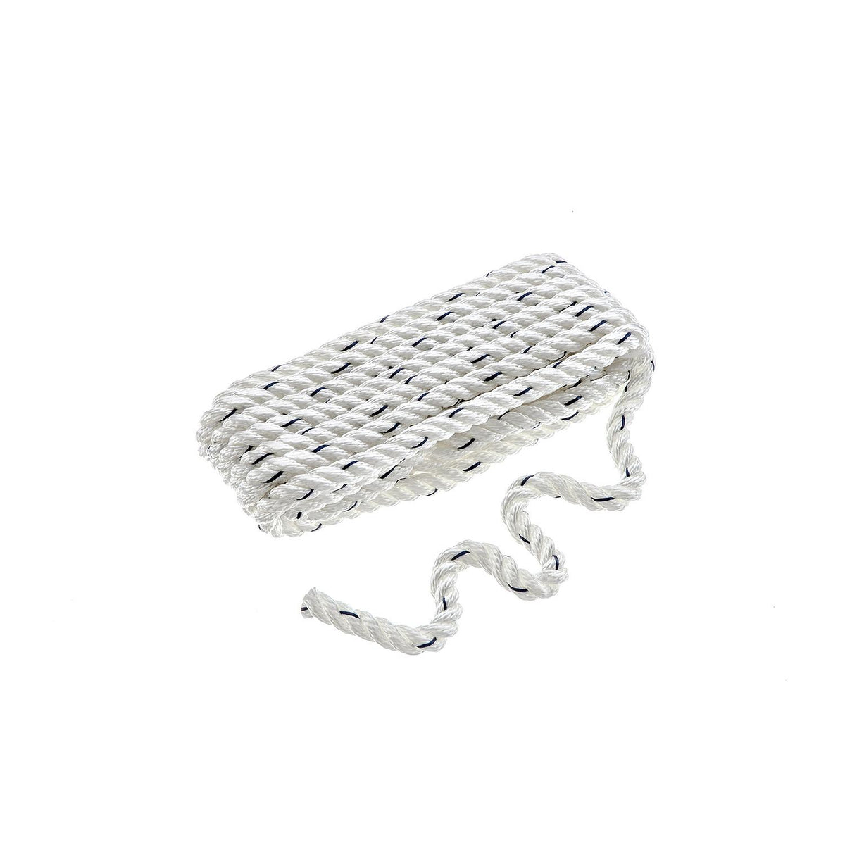 Premium 3-Strand Twisted Nylon Dock Line, White w/ Blue Tracer, 3/8in x 15ft