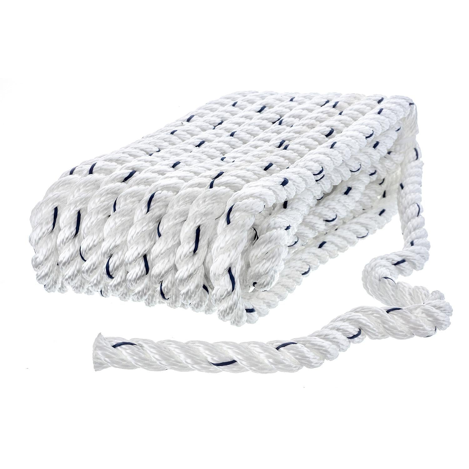 Premium 3-Strand Twisted Nylon Dock Line, White w/ Blue Tracer, 3/8in x 20ft