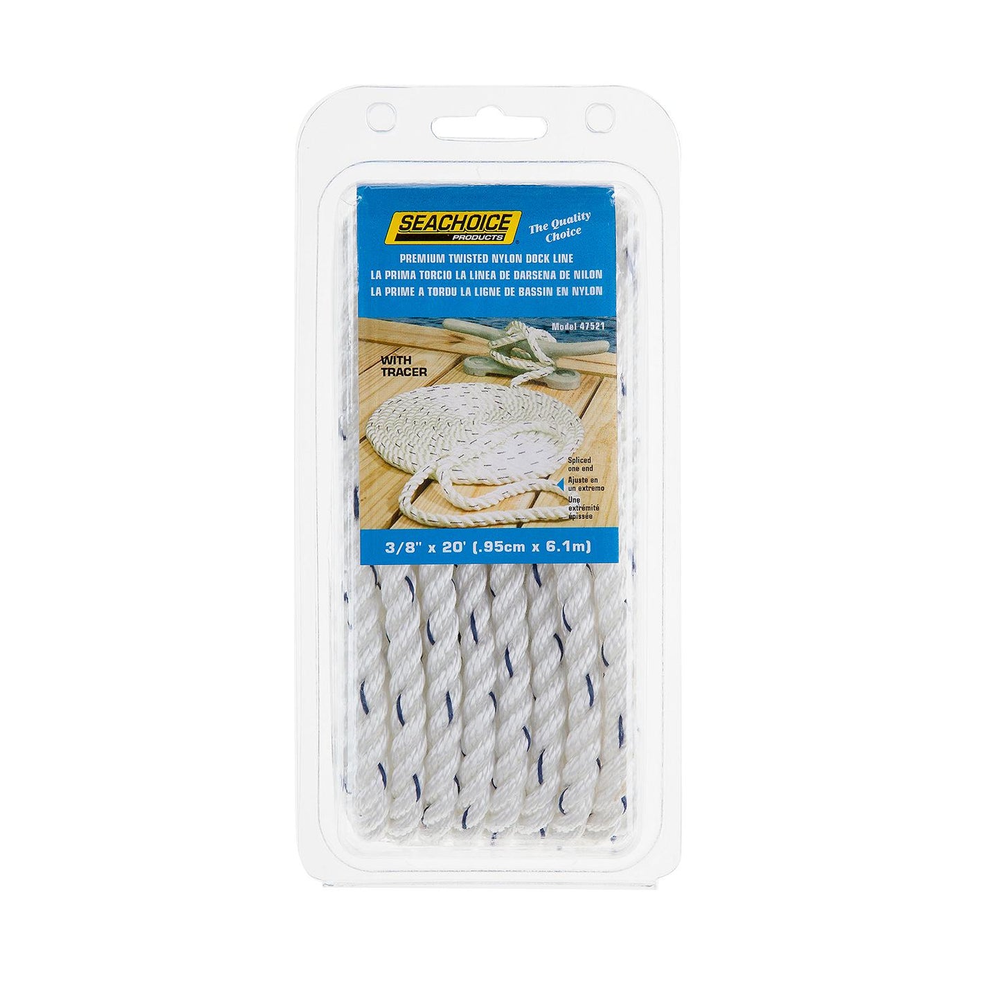 Premium 3-Strand Twisted Nylon Dock Line, White w/ Blue Tracer, 3/8in x 20ft