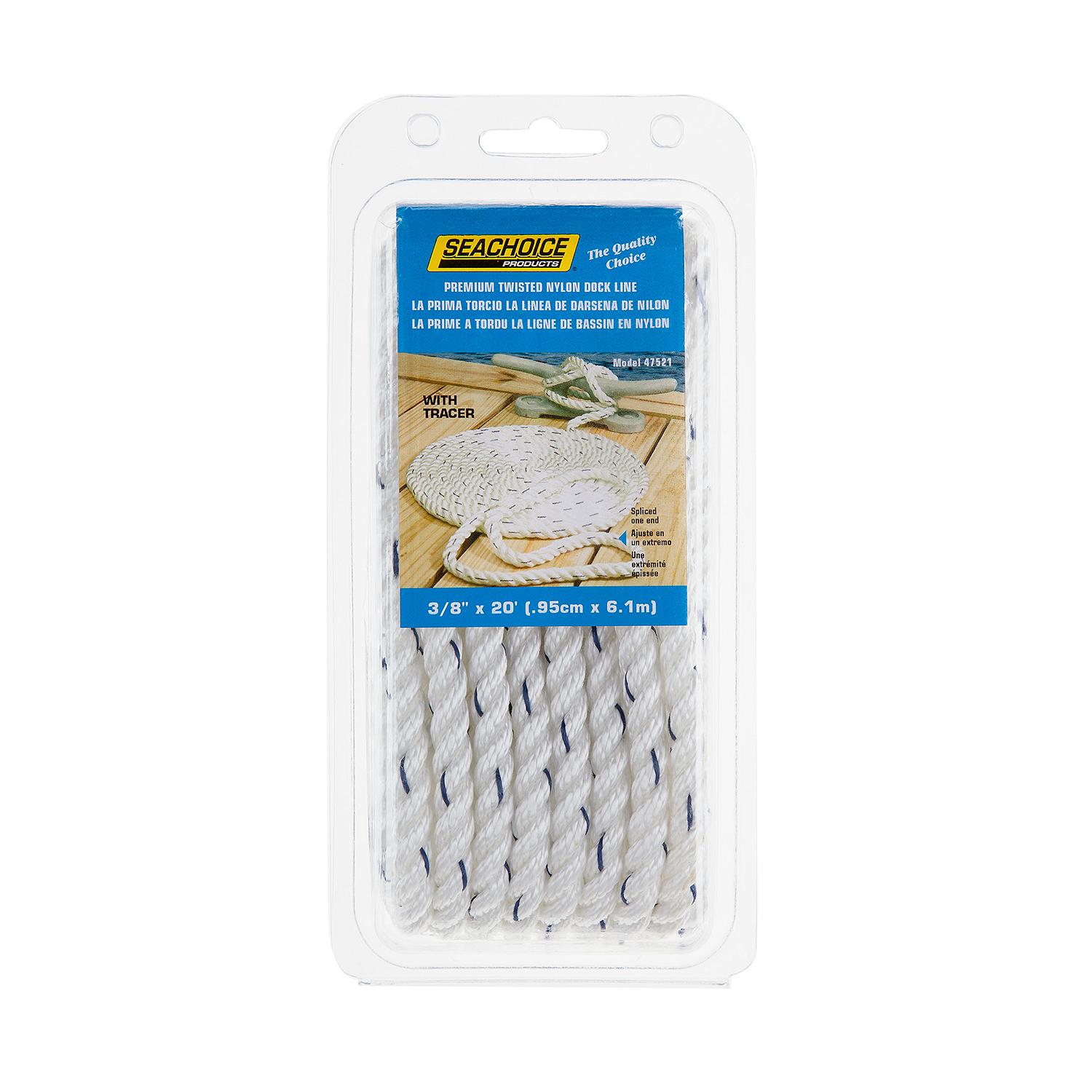 Premium 3-Strand Twisted Nylon Dock Line, White w/ Blue Tracer, 3/8in x 20ft
