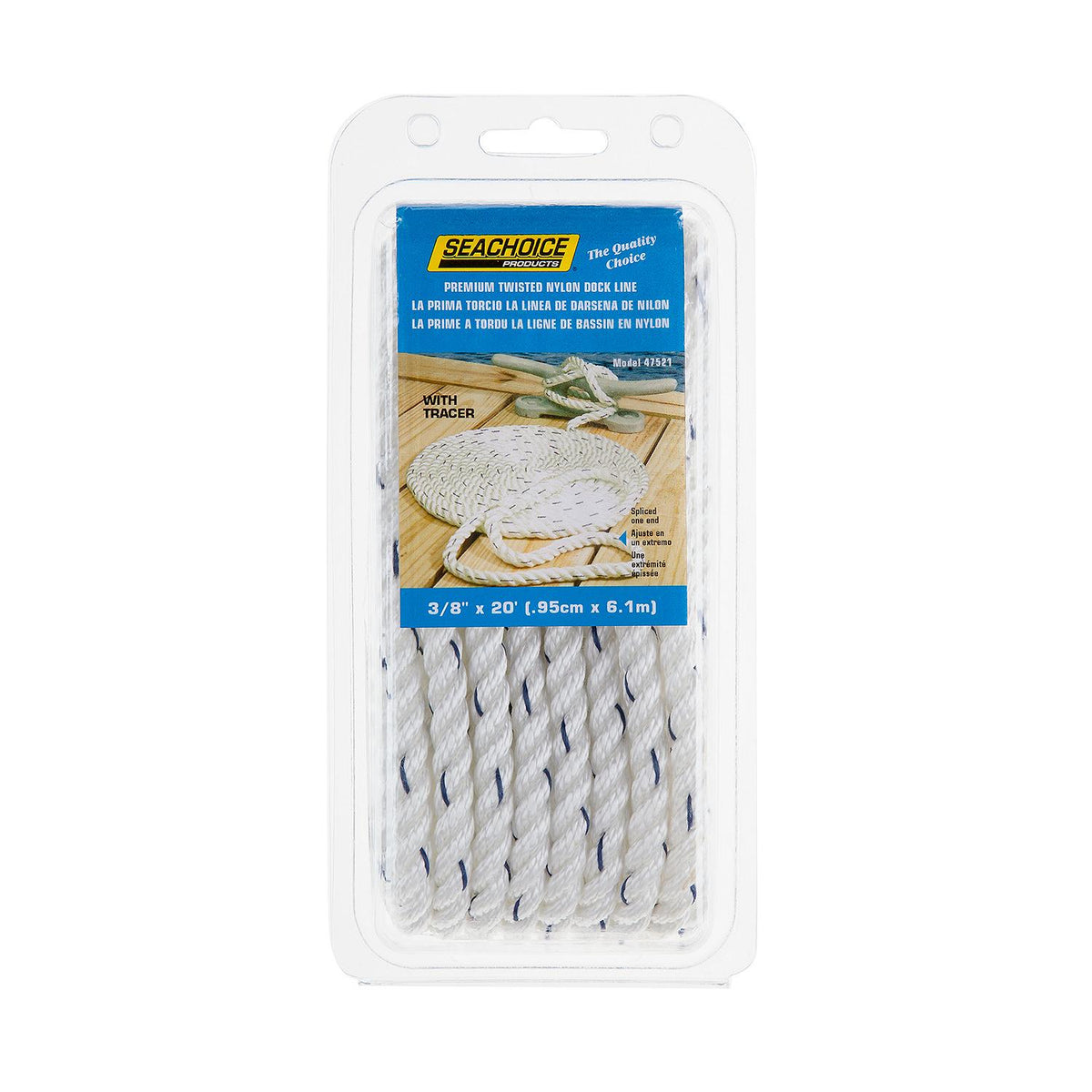 Premium 3-Strand Twisted Nylon Dock Line, White w/ Blue Tracer, 3/8in x 20ft