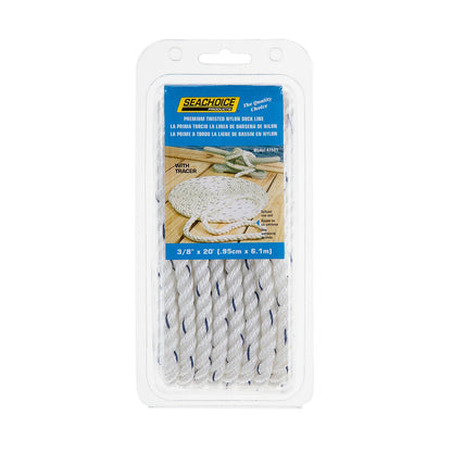 Premium 3-Strand Twisted Nylon Dock Line, White w/ Blue Tracer, 3/8in x 20ft
