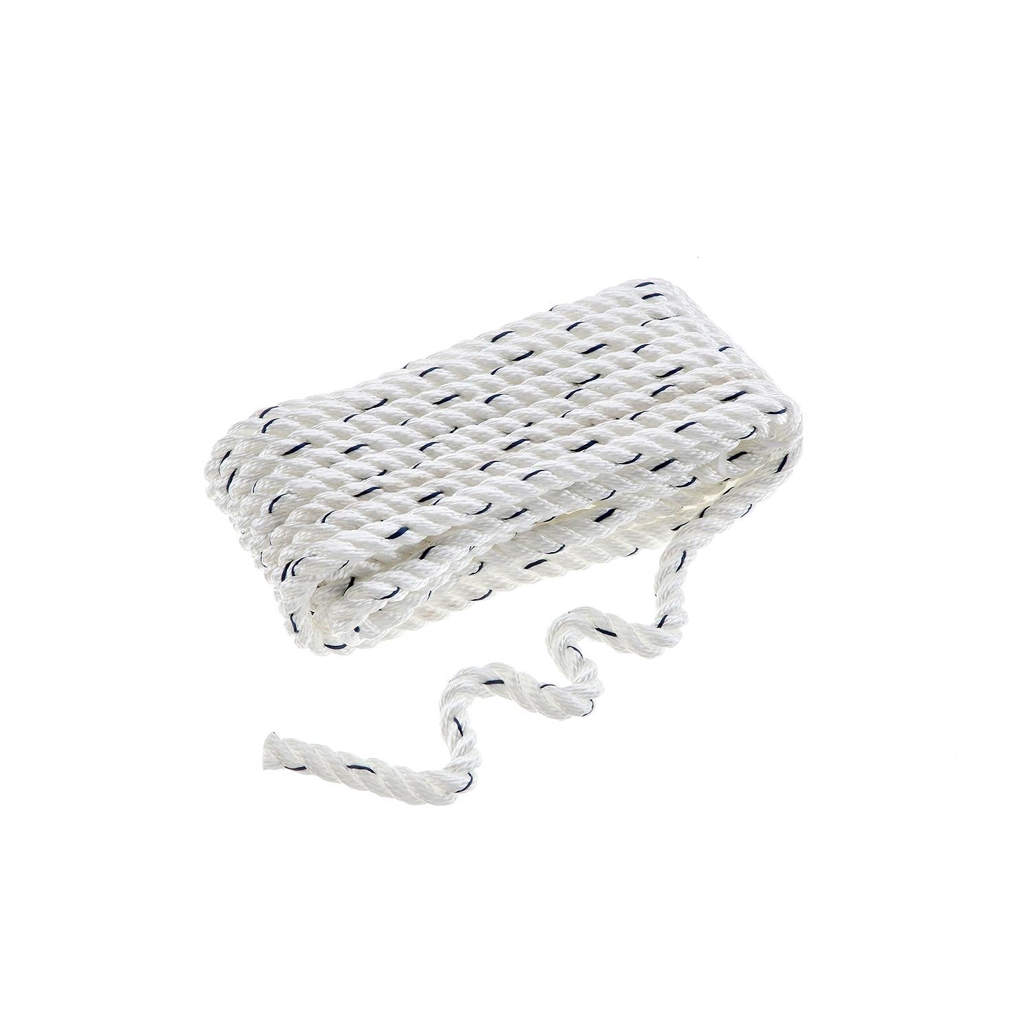 Premium 3-Strand Twisted Nylon Dock Line, White w/ Blue Tracer, 3/8in x 20ft