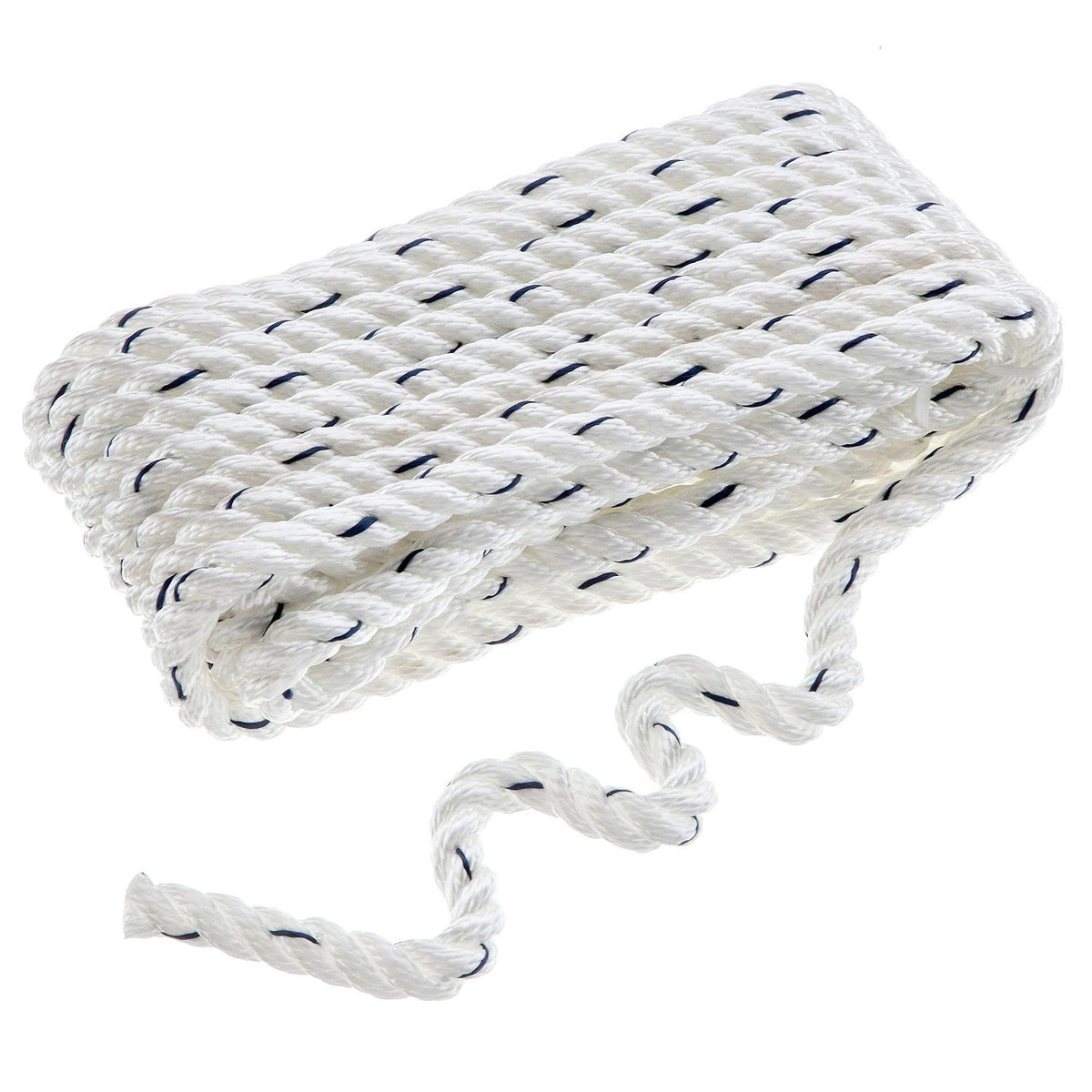 Premium 3-Strand Twisted Nylon Dock Line, White w/ Blue Tracer, 3/8in x 25ft