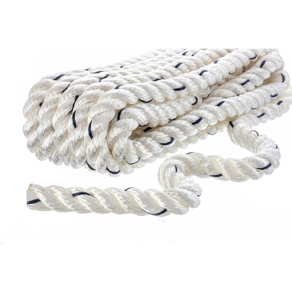 Premium 3-Strand Twisted Nylon Dock Line, White w/ Blue Tracer, 1/2in x 15ft