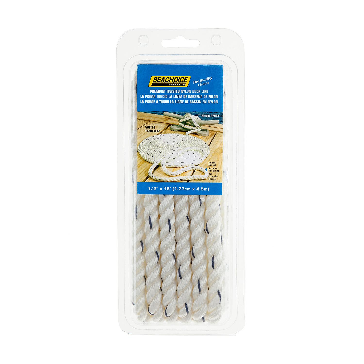 Premium 3-Strand Twisted Nylon Dock Line, White w/ Blue Tracer, 1/2in x 15ft