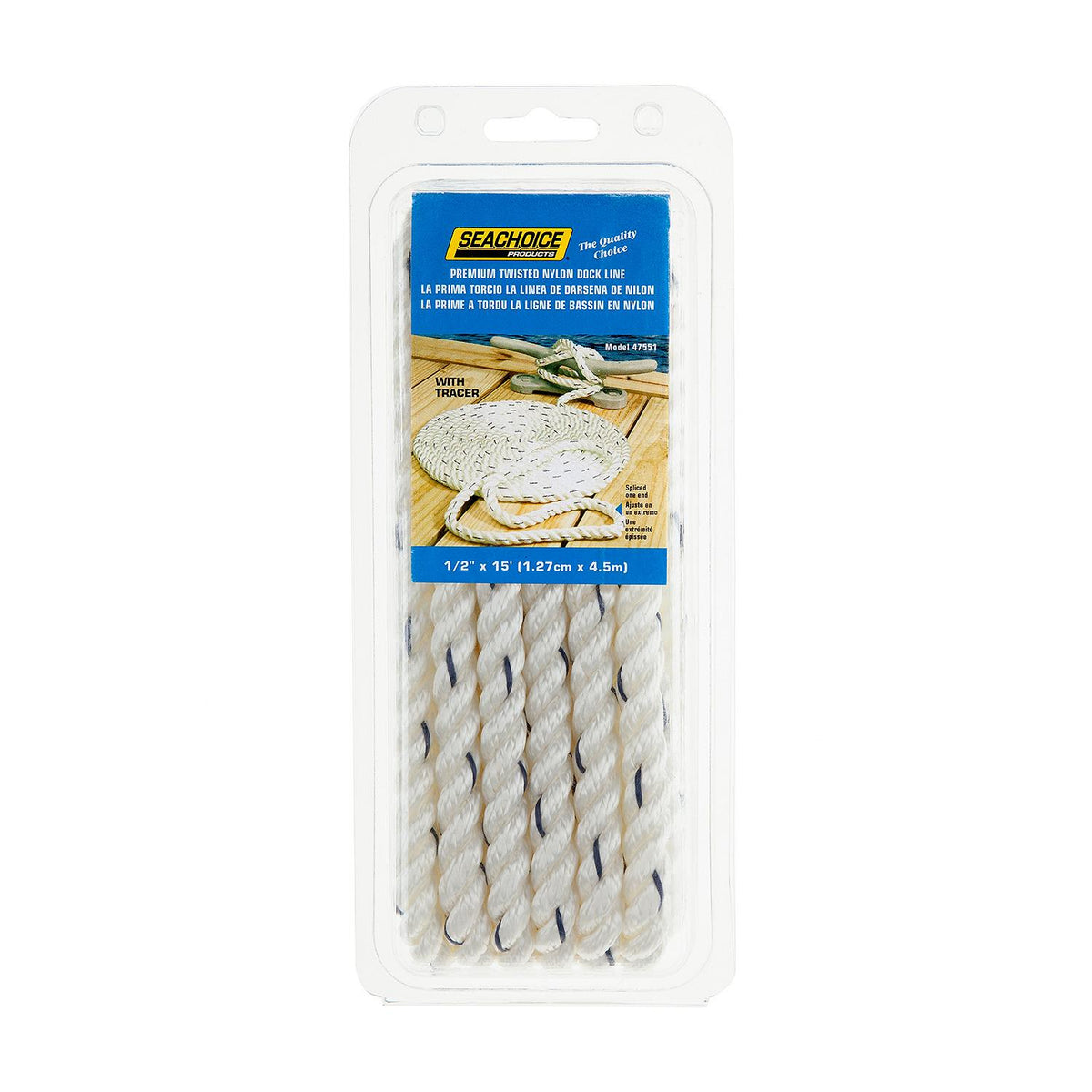 Premium 3-Strand Twisted Nylon Dock Line, White w/ Blue Tracer, 1/2in x 15ft