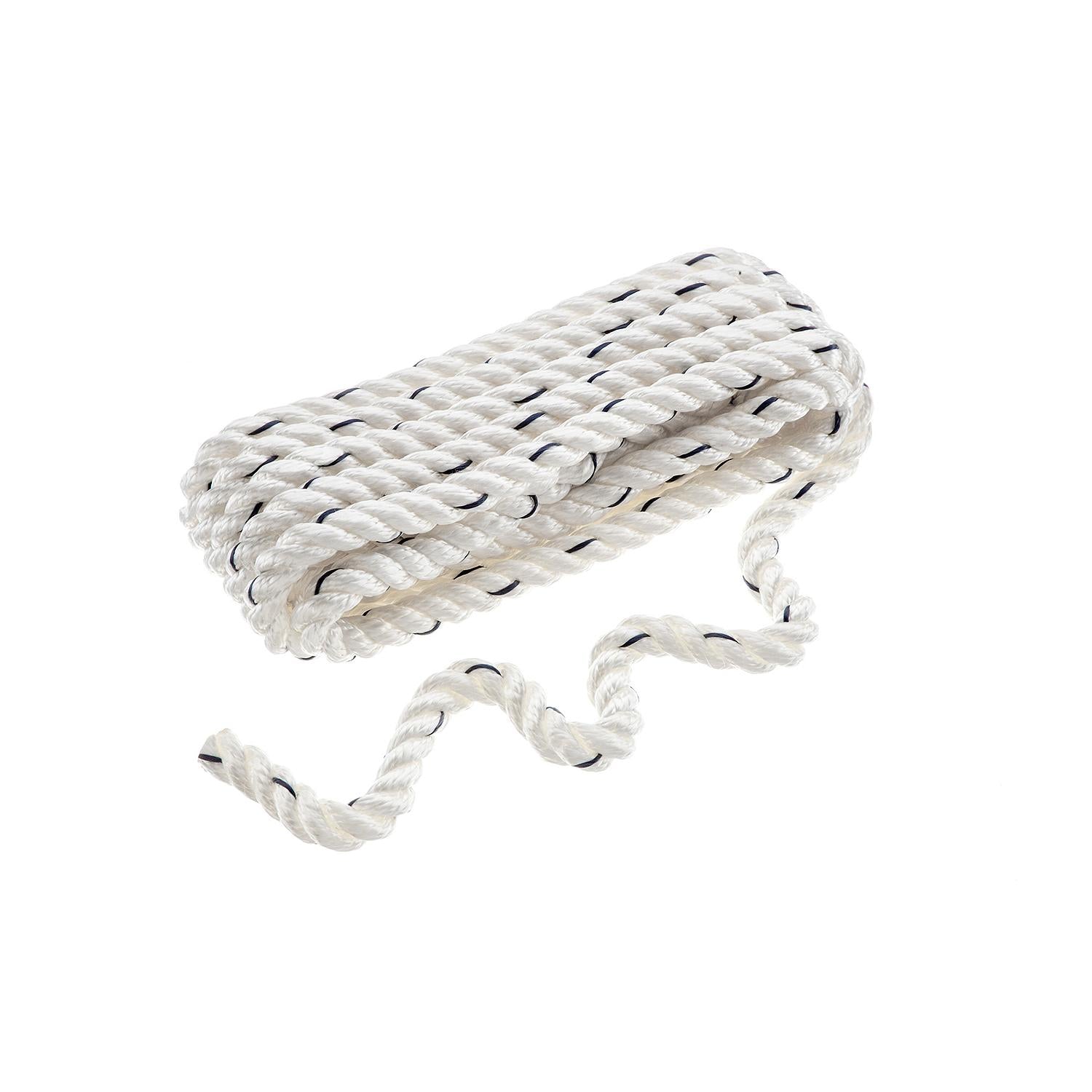 Premium 3-Strand Twisted Nylon Dock Line, White w/ Blue Tracer, 1/2in x 15ft
