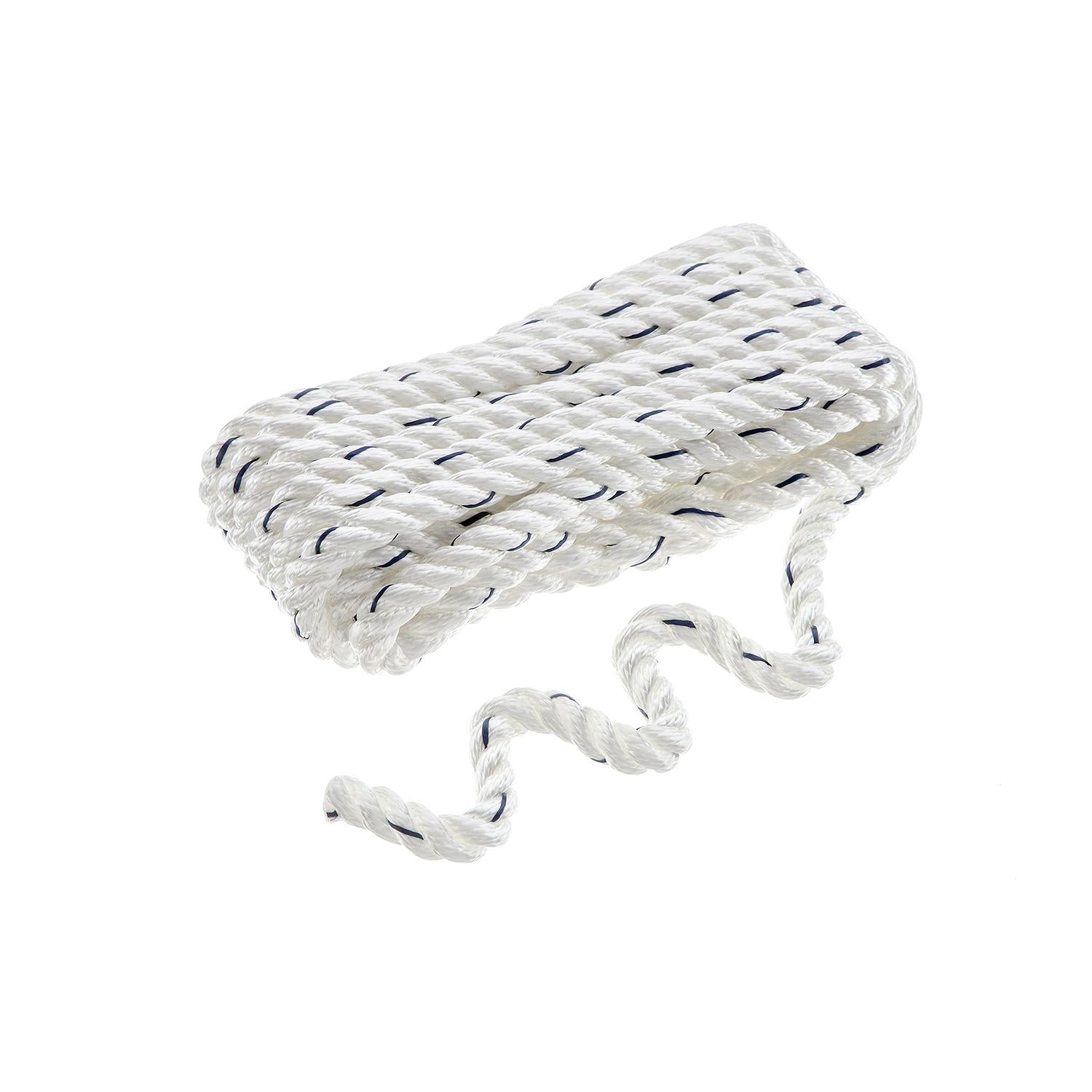 Premium 3-Strand Twisted Nylon Dock Line, White w/ Blue Tracer, 1/2in x 20ft