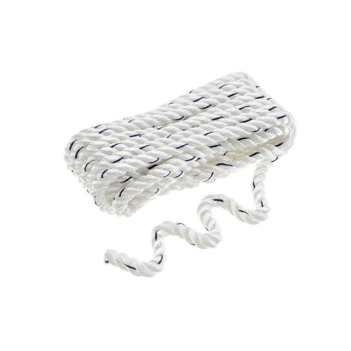Premium 3-Strand Twisted Nylon Dock Line, White w/ Blue Tracer, 1/2in x 20ft