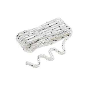 Premium 3-Strand Twisted Nylon Dock Line, White w/ Blue Tracer, 1/2in x 20ft