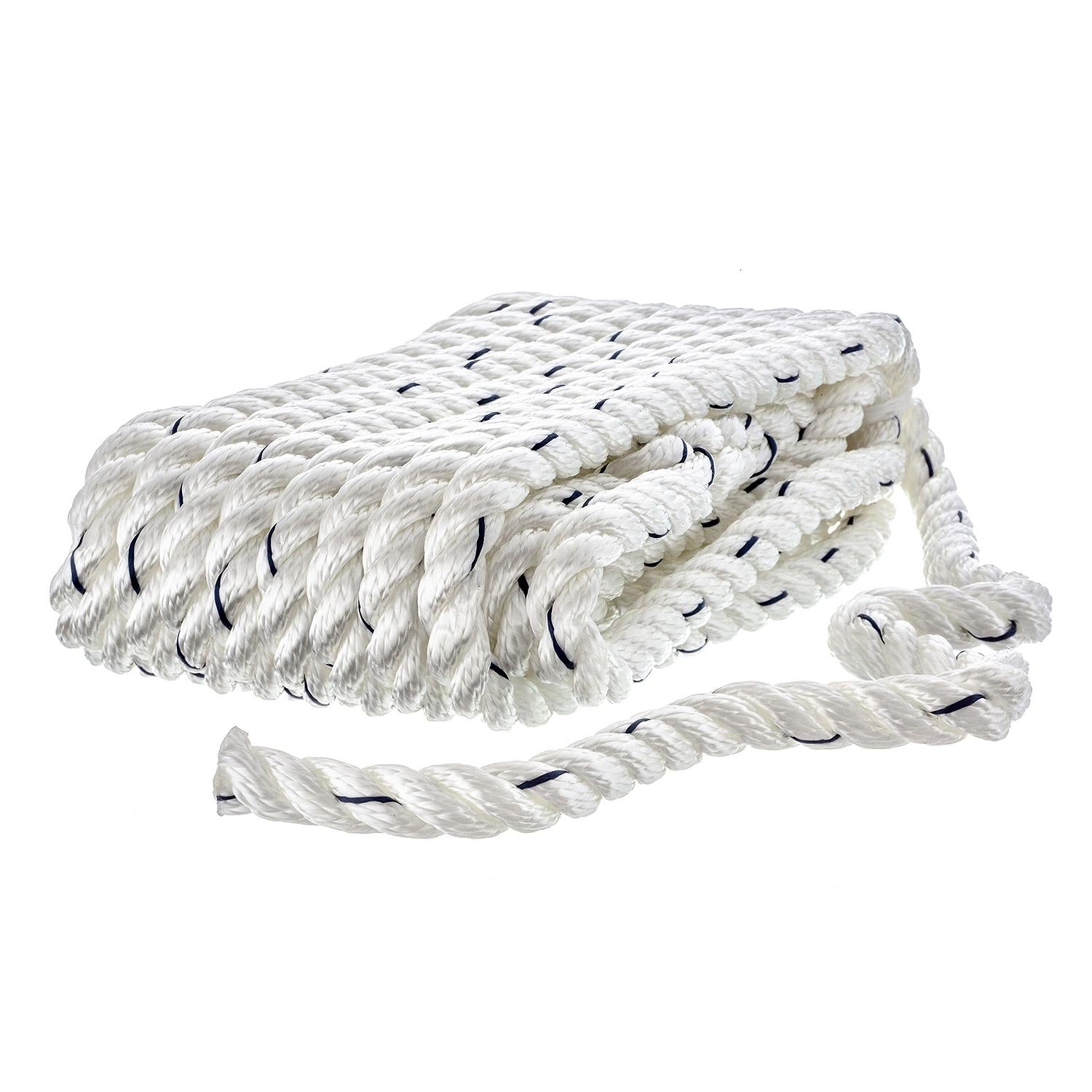 Premium 3-Strand Twisted Nylon Dock Line, White w/ Blue Tracer, 1/2in x 25ft