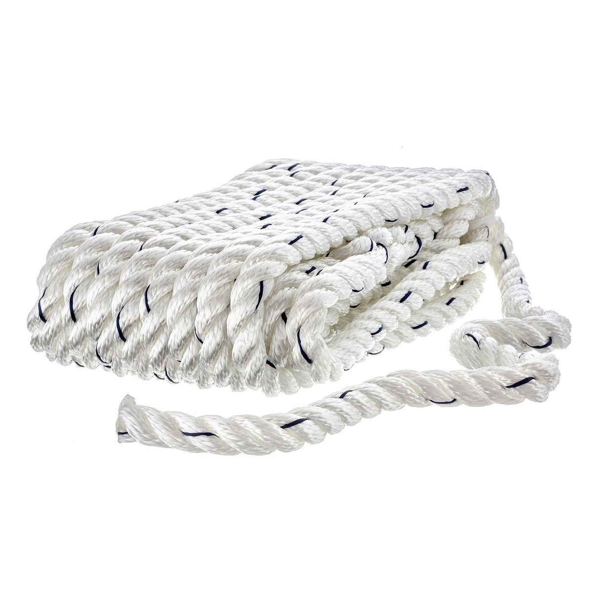 Premium 3-Strand Twisted Nylon Dock Line, White w/ Blue Tracer, 1/2in x 25ft