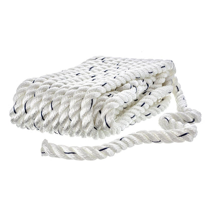Premium 3-Strand Twisted Nylon Dock Line, White w/ Blue Tracer, 1/2in x 25ft