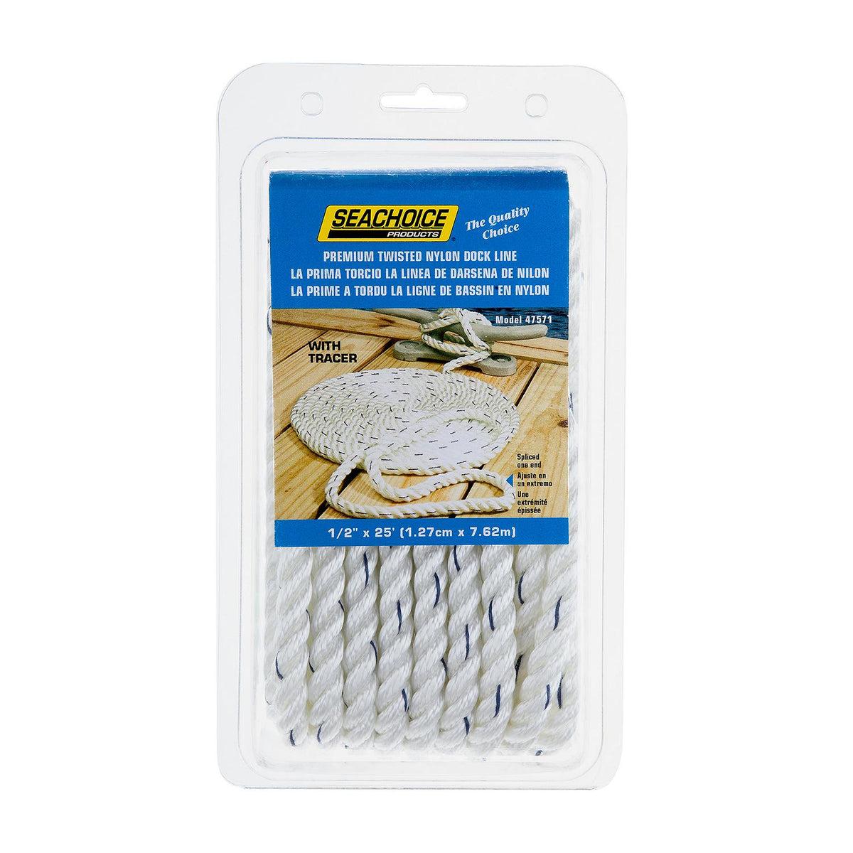 Premium 3-Strand Twisted Nylon Dock Line, White w/ Blue Tracer, 1/2in x 25ft