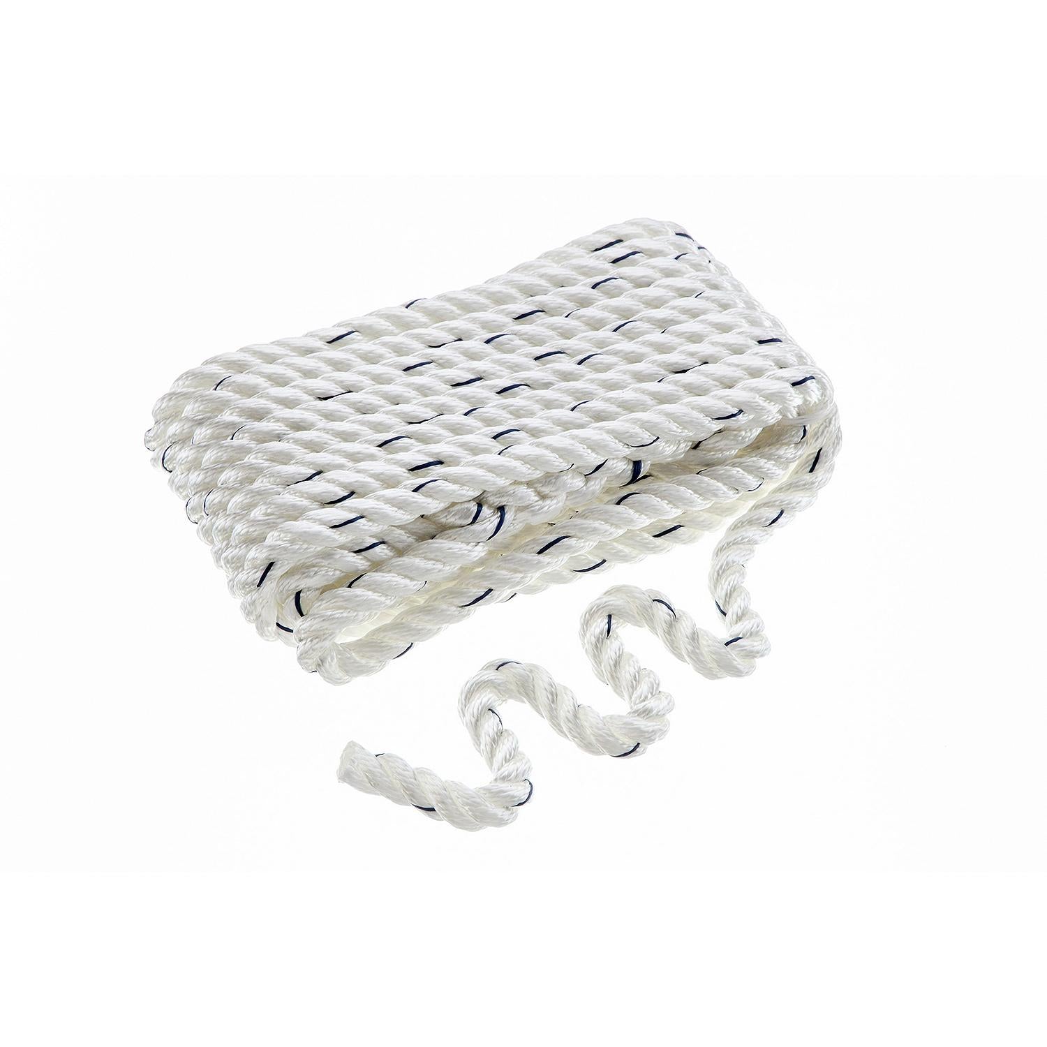 Premium 3-Strand Twisted Nylon Dock Line, White w/ Blue Tracer, 1/2in x 25ft