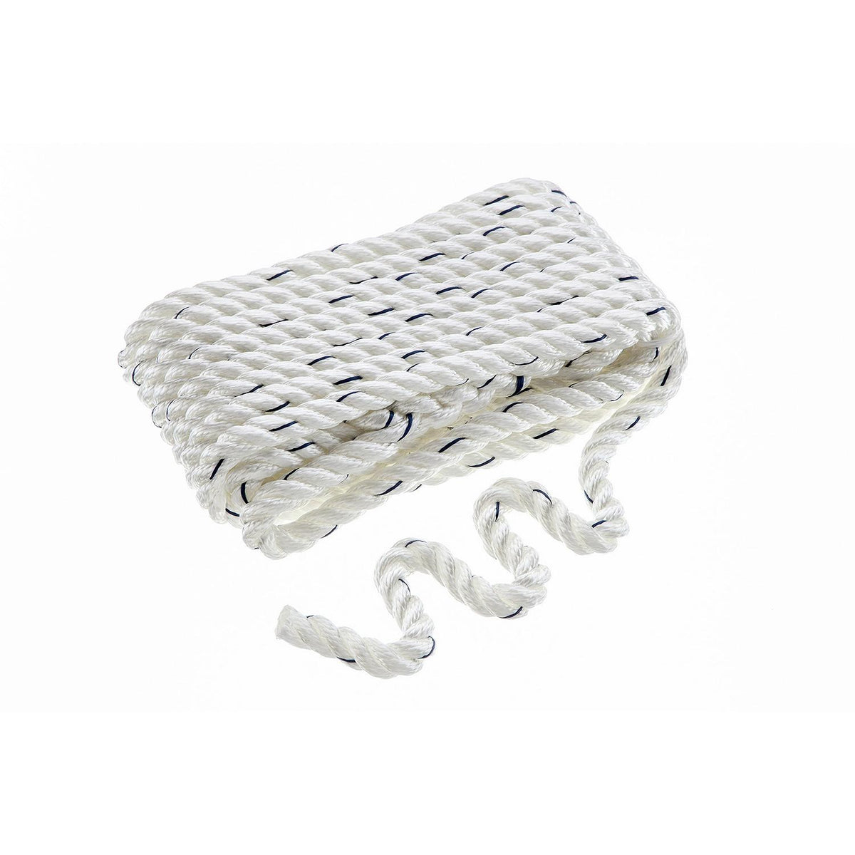 Premium 3-Strand Twisted Nylon Dock Line, White w/ Blue Tracer, 1/2in x 25ft